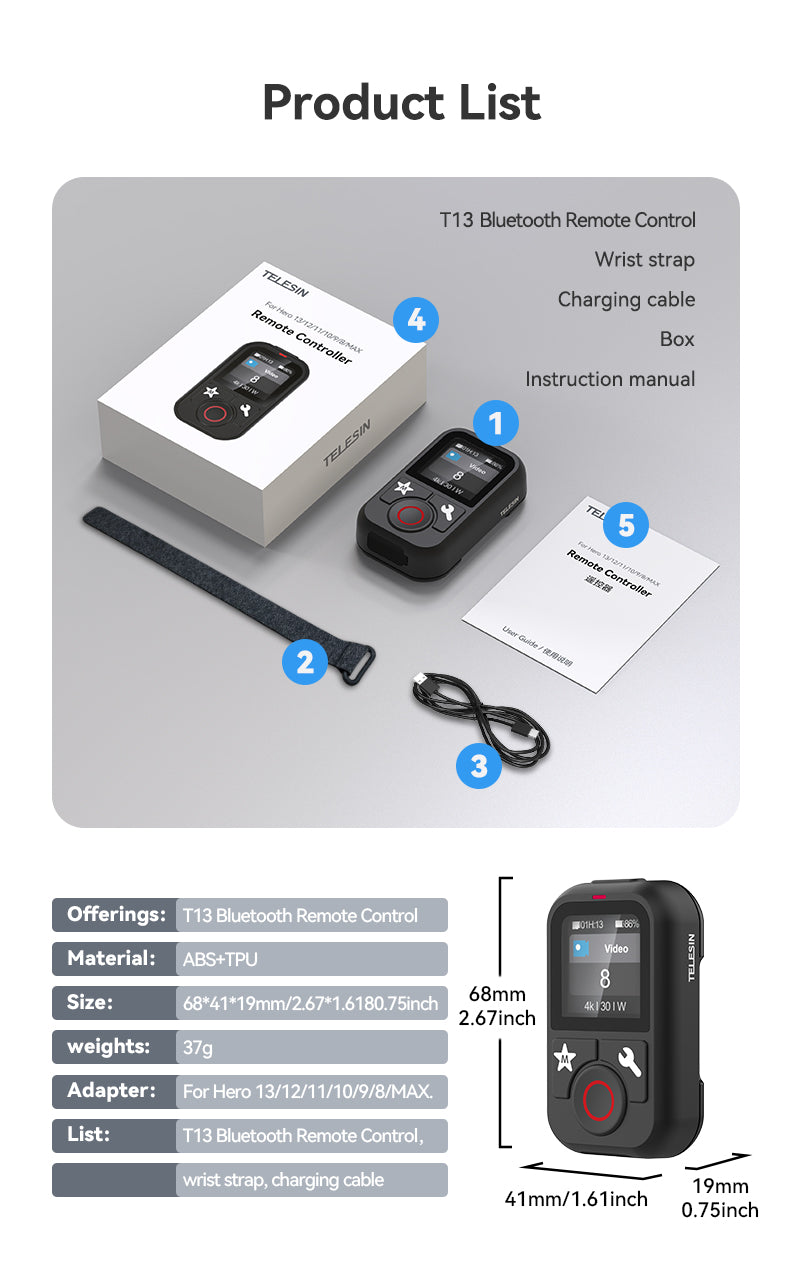 Control remoto Bluetooth para GoPro 13/12/11/10/9/8 y Max - TELESIN