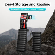 Lector 2-en-1 portátil para SD, TF y Nano SIM con función de almacenamiento interno.