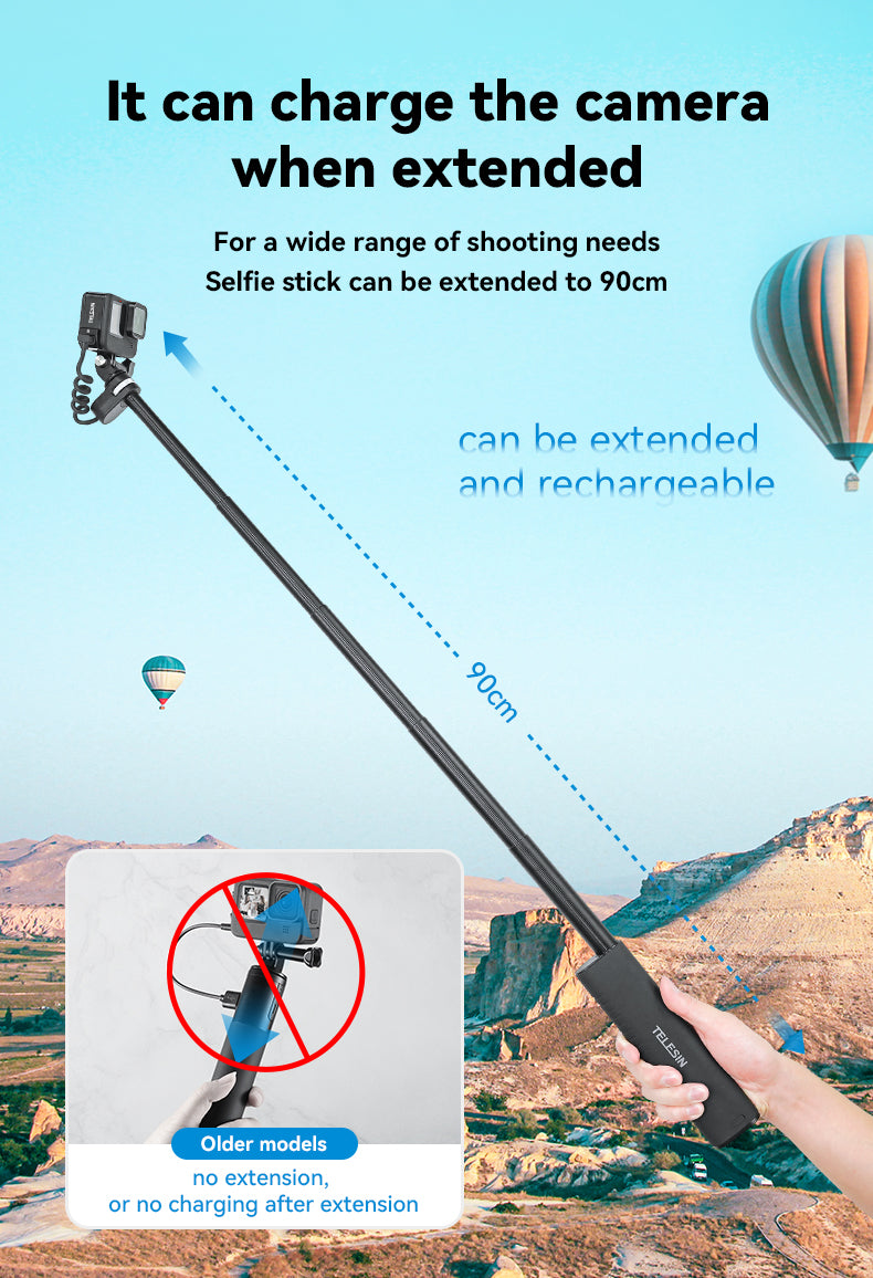 Selfie stick recargable 10.000 mAh para Cámaras de acción y Smartphone- TELESIN