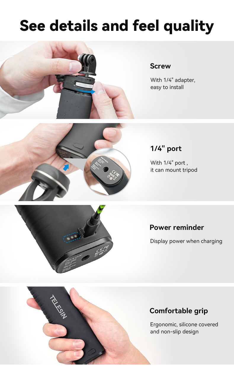 Selfie stick recargable 10.000 mAh para Cámaras de acción y Smartphone- TELESIN
