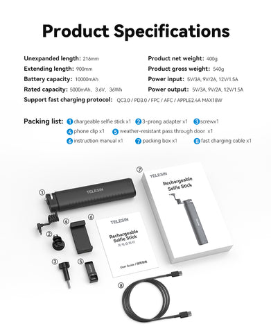 Selfie stick recargable 10.000 mAh para Cámaras de acción y Smartphone- TELESIN