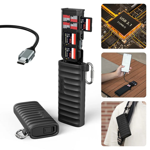 Lector 2-en-1 portátil para SD, TF y Nano SIM con función de almacenamiento interno.