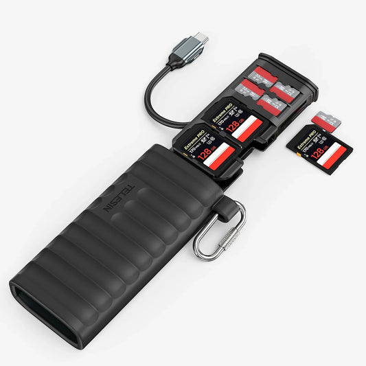 Lector 2-en-1 portátil para SD, TF y Nano SIM con función de almacenamiento interno.