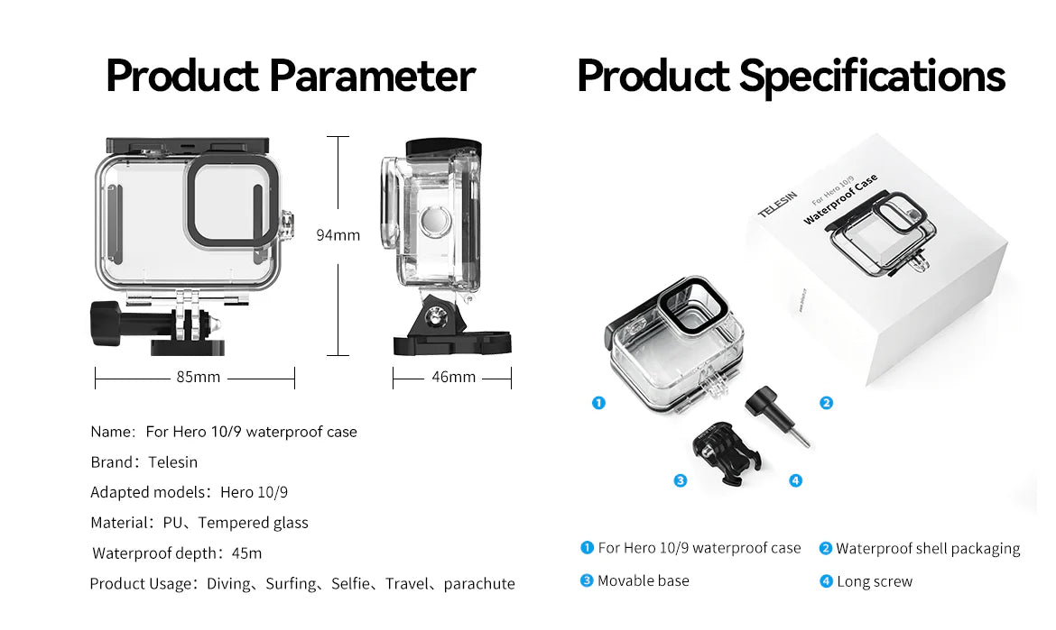 Carcasa impermeable + Filtros para GoPro Hero 9/10/11/12 – Telesin