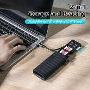 Lector 2-en-1 portátil para SD, TF y Nano SIM con función de almacenamiento interno.