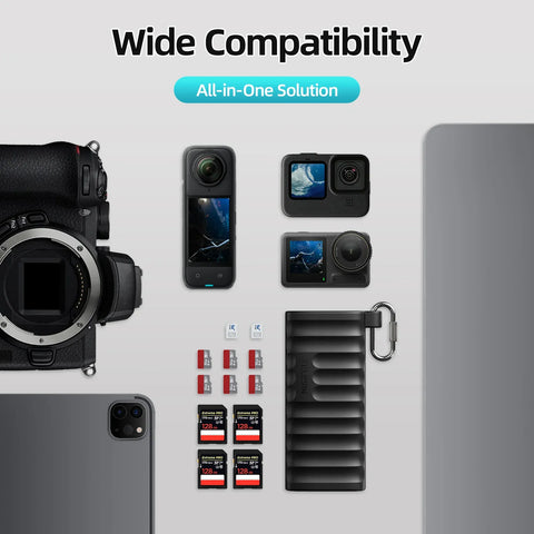 Lector 2-en-1 portátil para SD, TF y Nano SIM con función de almacenamiento interno.