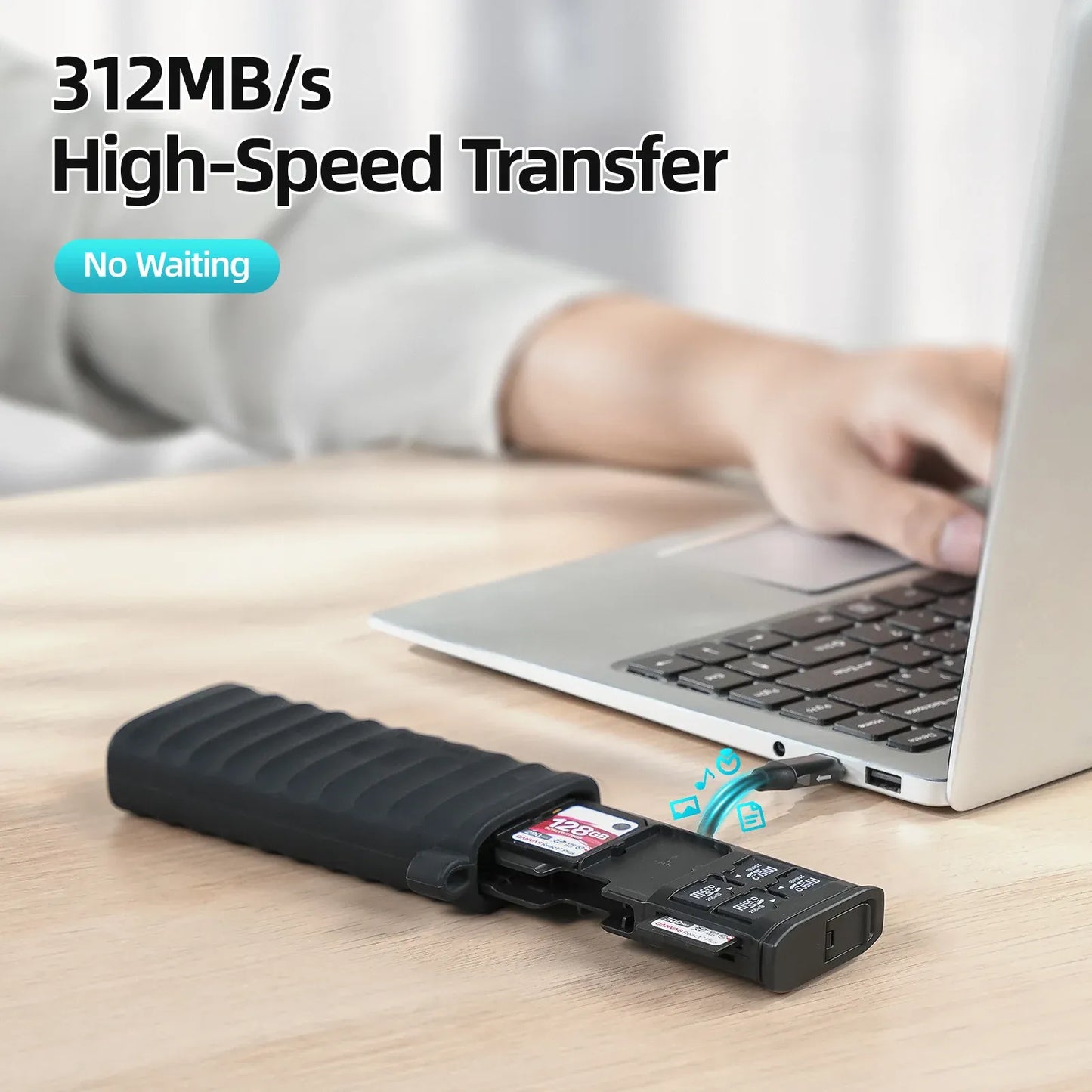Lector 2-en-1 portátil para SD, TF y Nano SIM con función de almacenamiento interno.